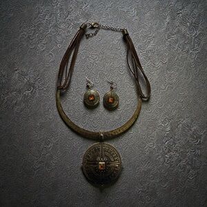 Vintage Brass and Citrine and Pendant and Earring Set